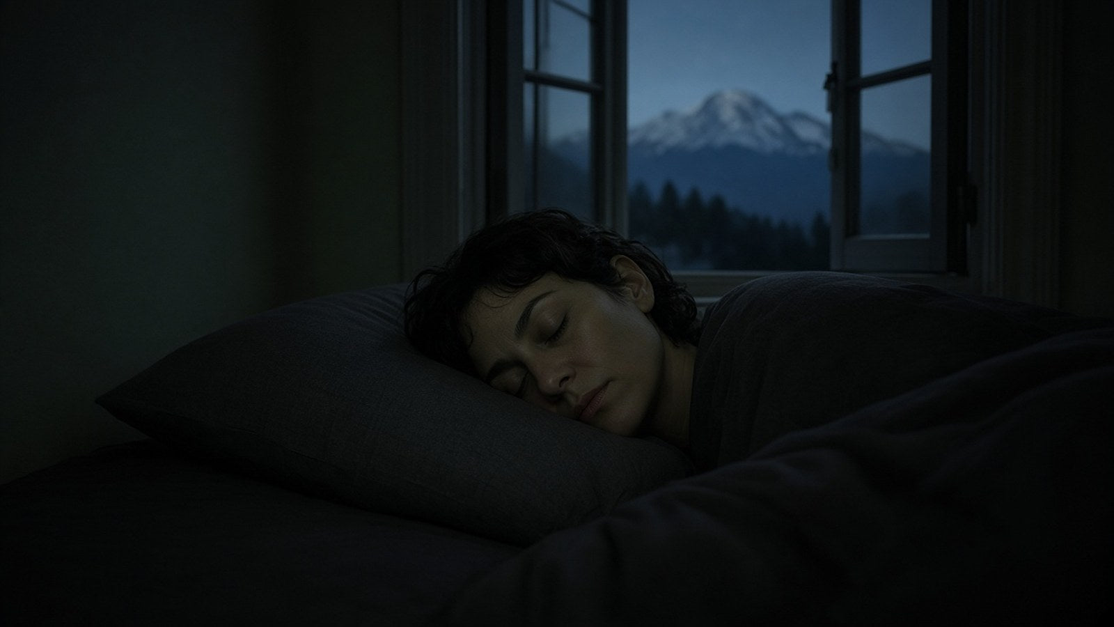A woman sleeps on her side on a dark grey pillow in a dark bedroom, with an open window showing a snowy mountain at night.