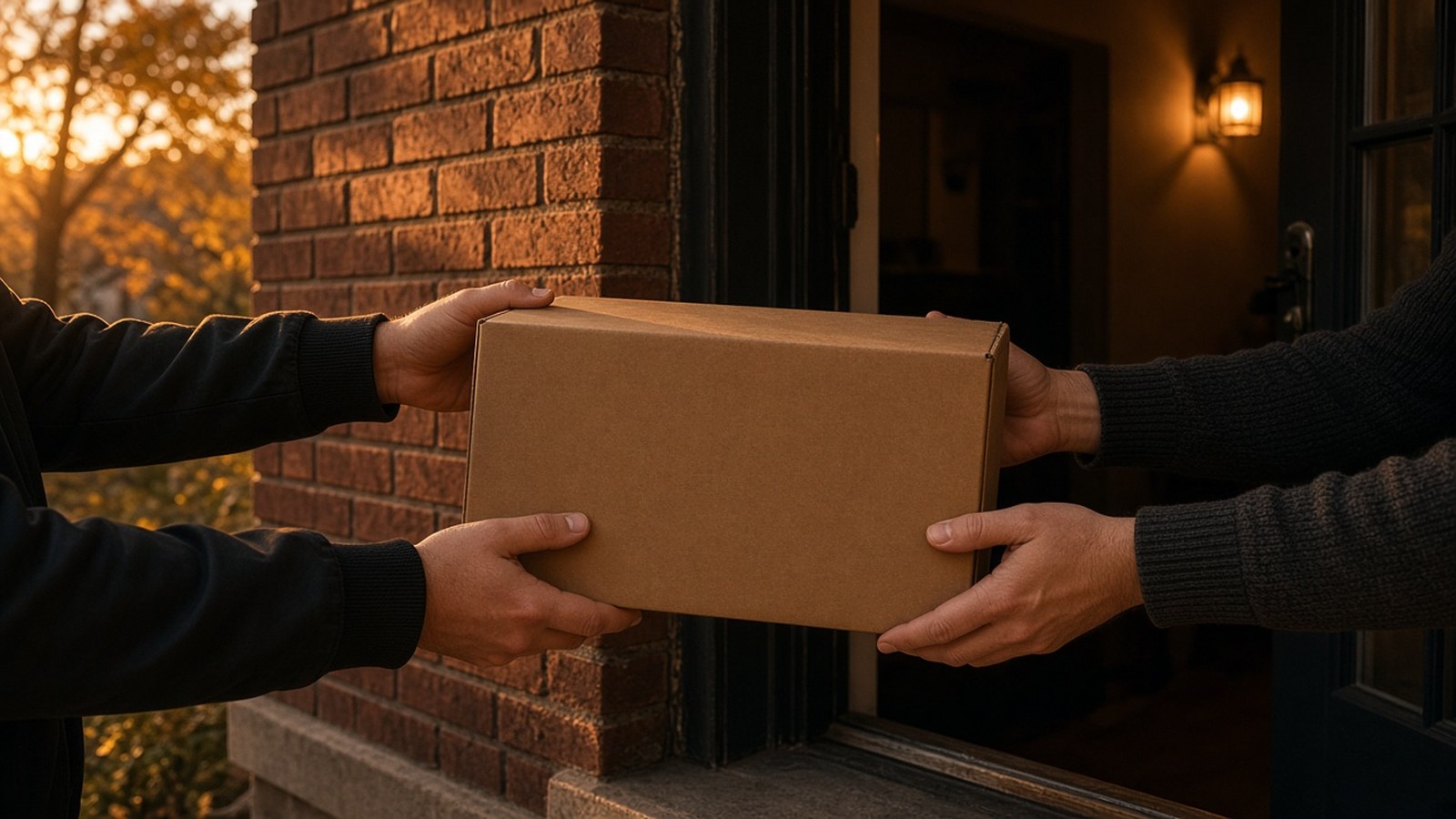 One person hands a plain cardboard box to another at the front door of a brick house in warm evening light.