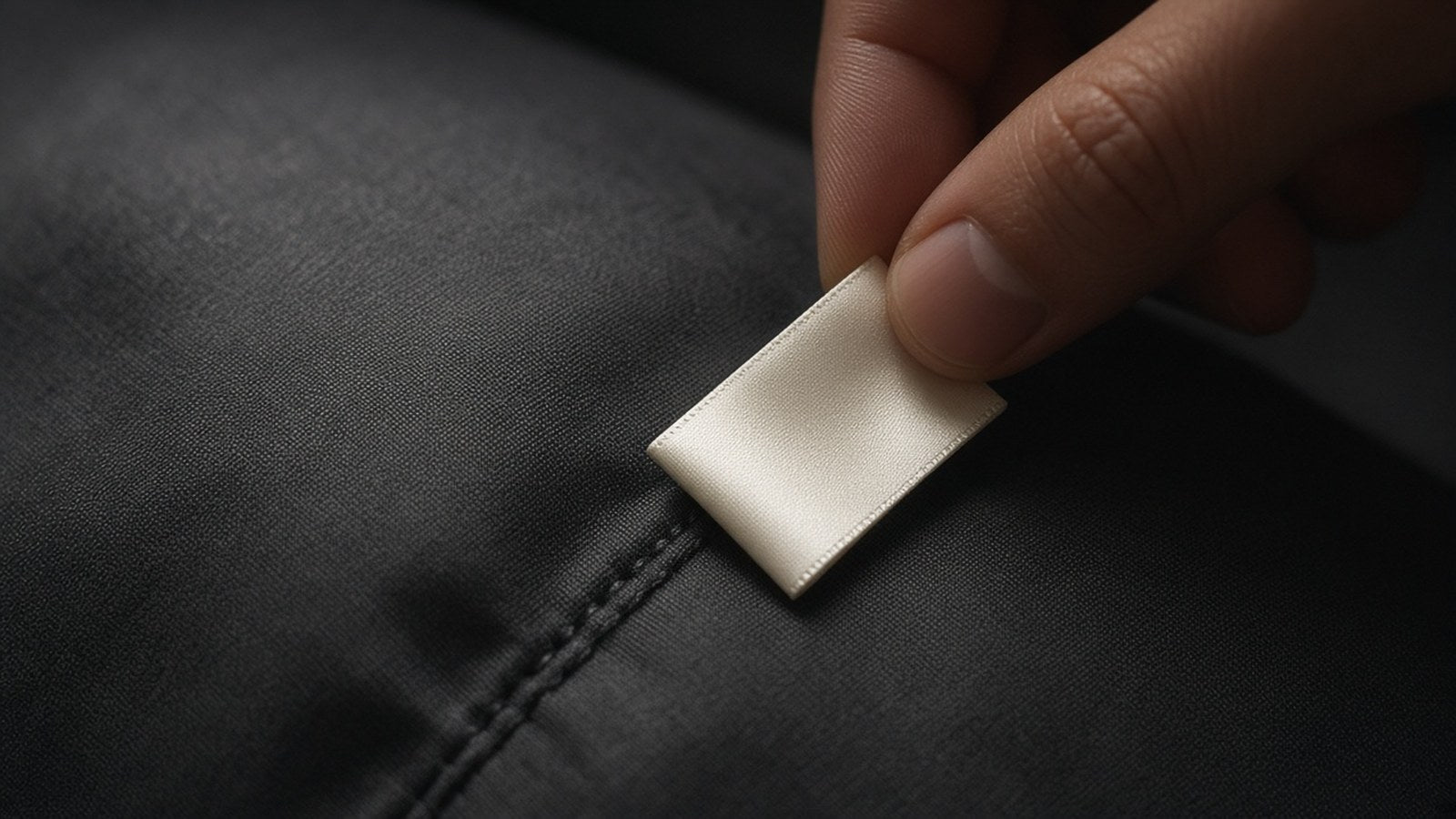 Fingers hold up a small blank fabric tag sewn into the seam of a charcoal pillow.