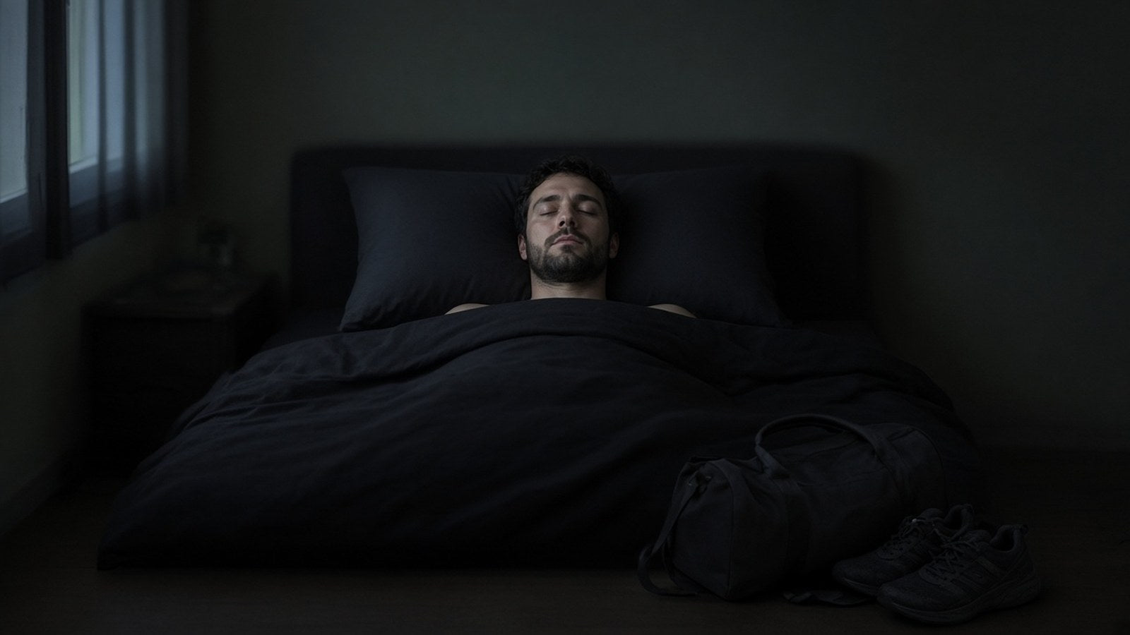 A man sleeps on his back in a dark bedroom, with a gym bag and training shoes on the floor beside the bed.