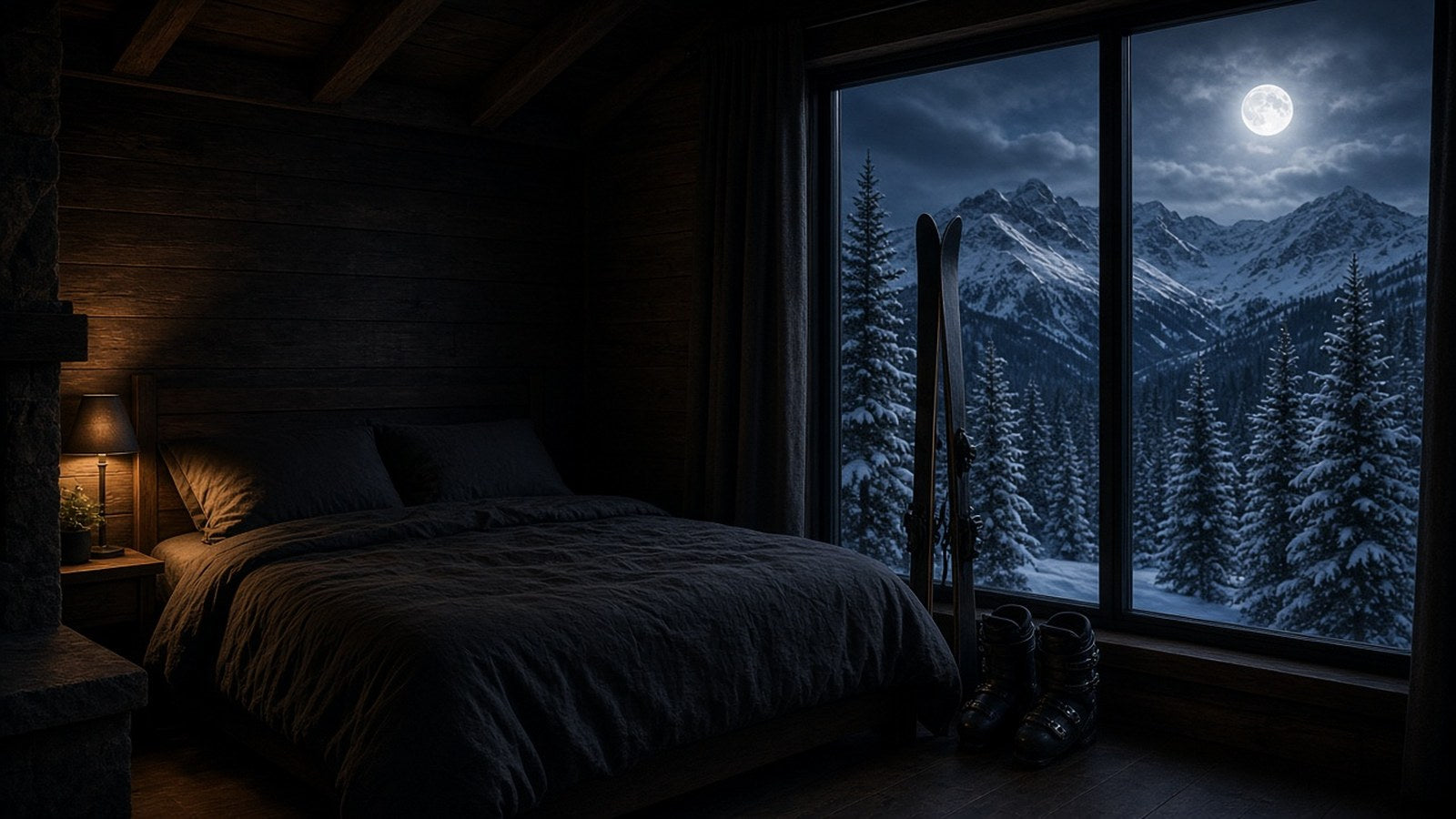 A dark cabin bedroom at night, with skis and ski boots by a window looking out on snowy pines and moonlit peaks.