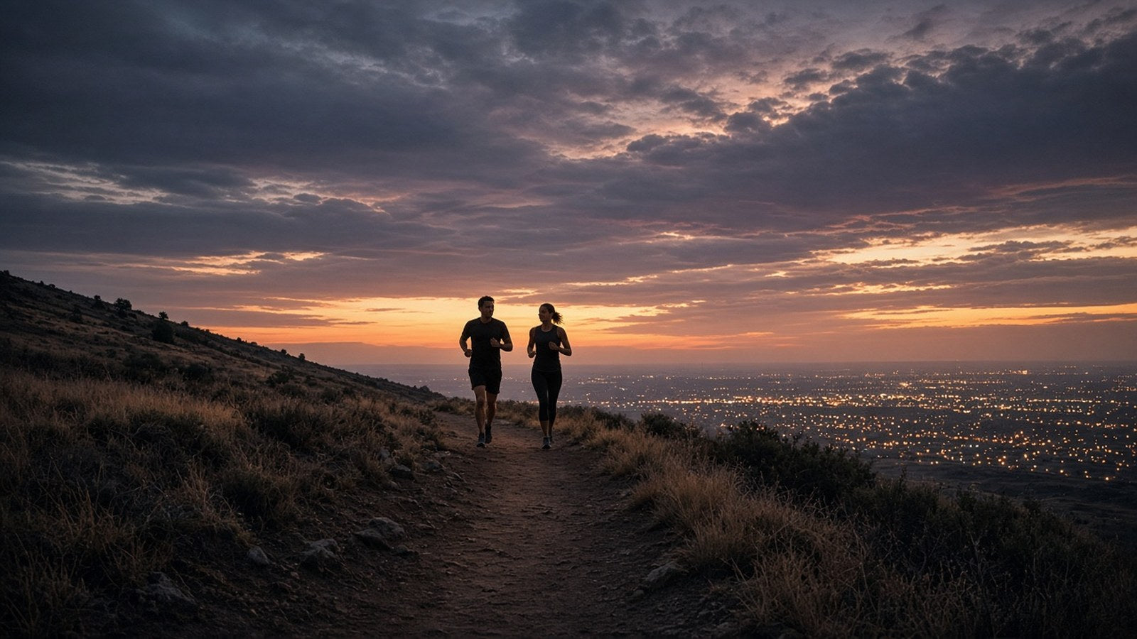 Two runners jog along a foothills trail at dusk above the lights of Denver.