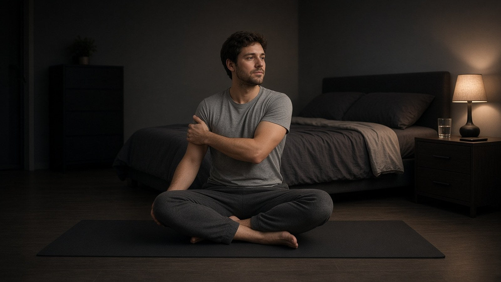 A man sits cross-legged on a mat beside his bed, stretching in the warm light of a bedside lamp.