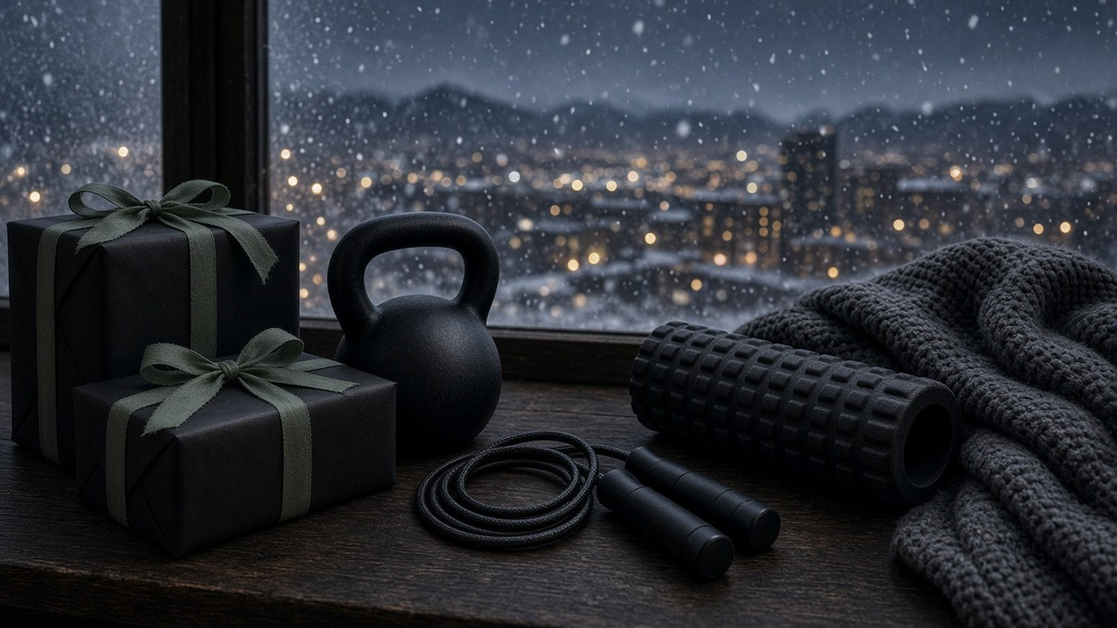 Gifts wrapped in black paper with green ribbon sit beside a kettlebell, a jump rope, a foam roller and a knit blanket by a window with snow falling over the city.
