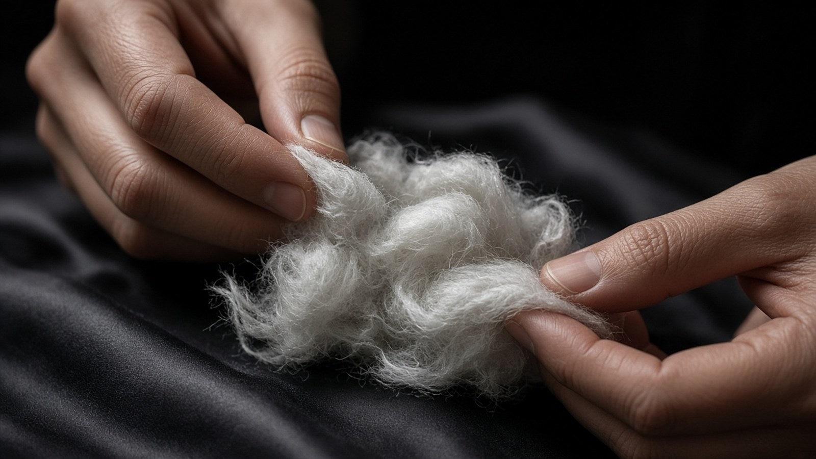 Two hands pull apart a tuft of soft, silky pale fiber over dark charcoal fabric.