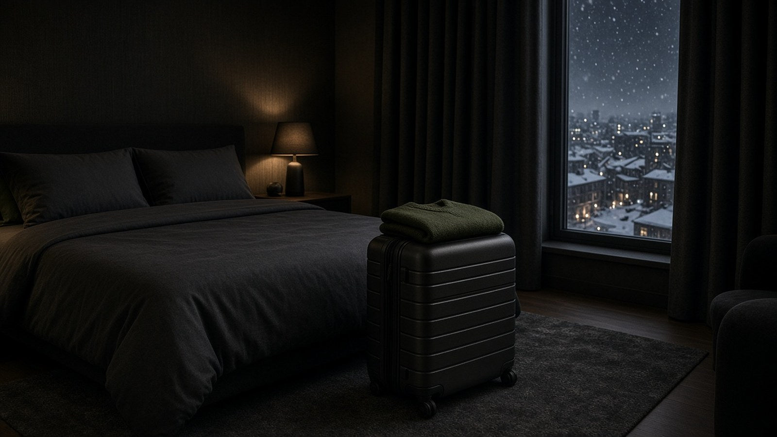 A dark hotel bedroom at night with a made bed, a lit bedside lamp and a black suitcase topped with a folded sweater, beside a window with snow falling over the city.