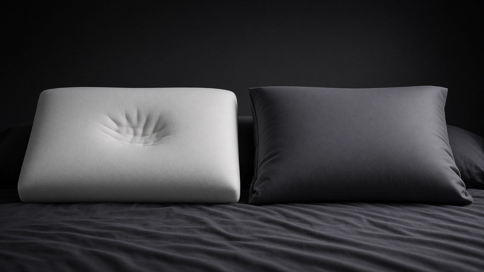 A pale memory foam pillow with a handprint pressed into it sits beside a soft charcoal fabric pillow on a dark bed.