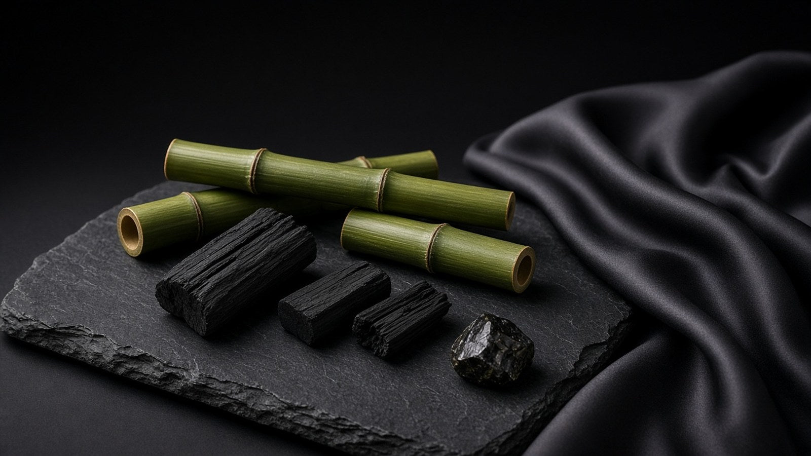 Green bamboo stalks, black pieces of bamboo charcoal and a small dark stone on a slate board next to folded black fabric.
