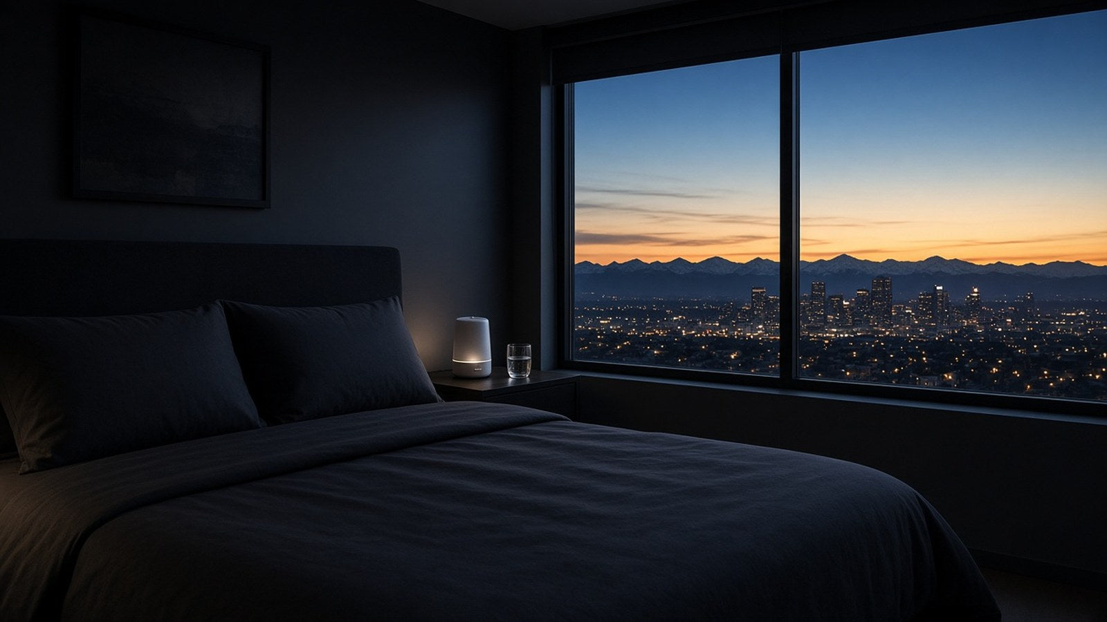 A dark bedroom with a made bed, a humidifier and a glass of water, looking out over the Denver skyline and mountains at dusk.