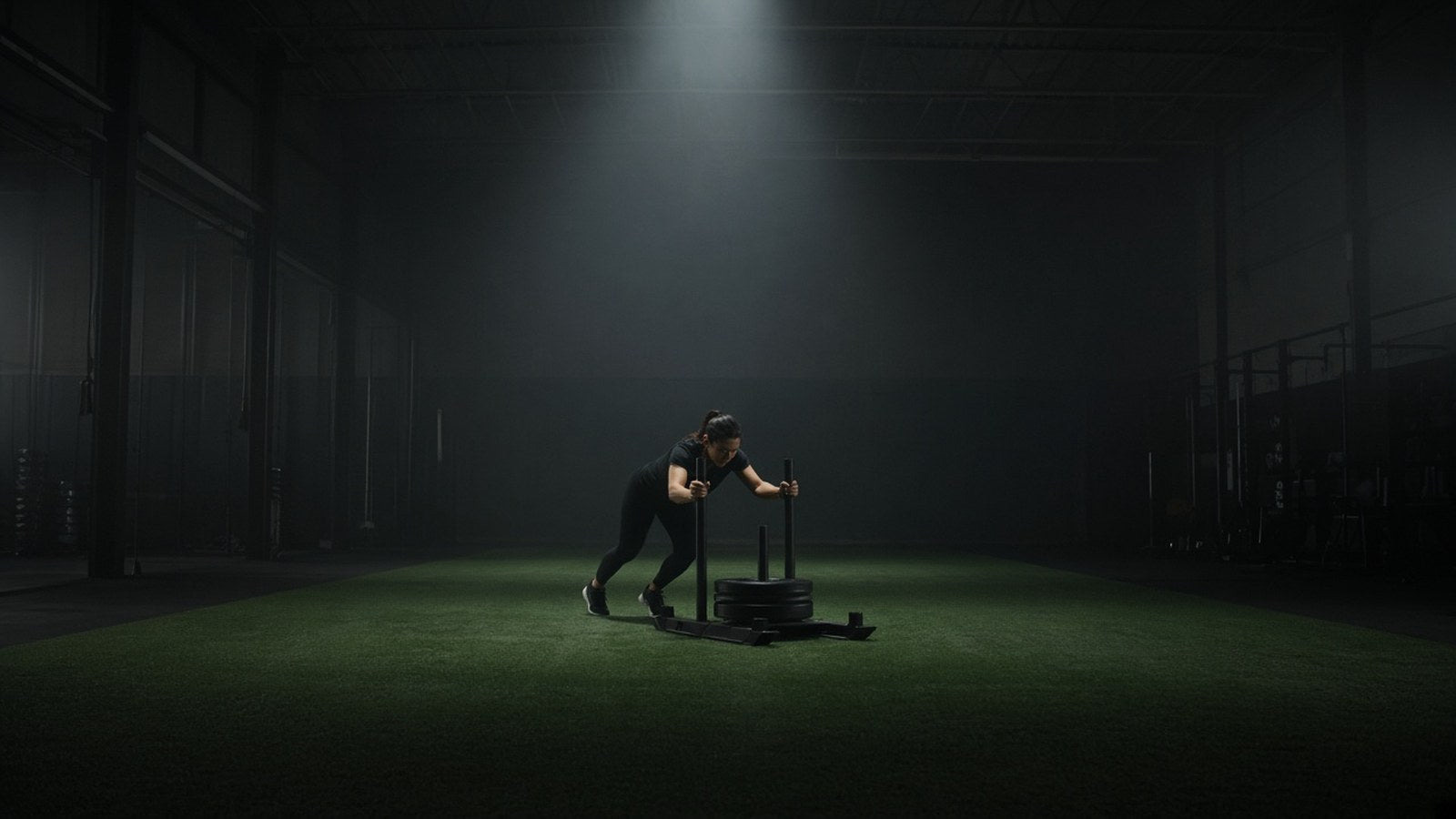 A woman in black training clothes pushes a weighted sled across turf in a dark, hazy gym under a single overhead light.