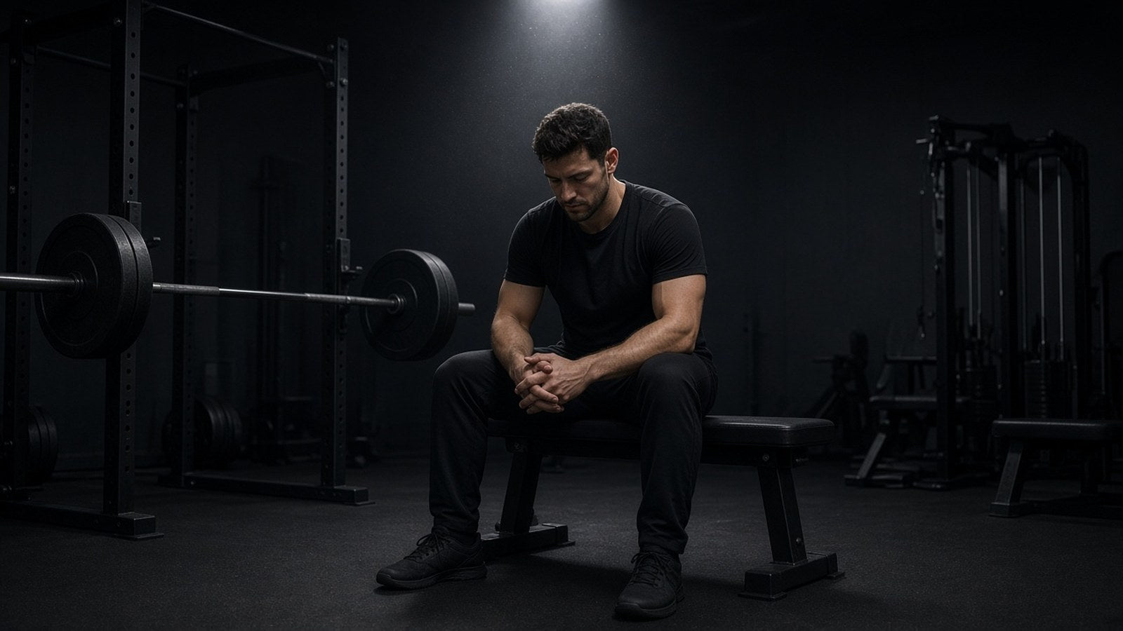 A man in a black t-shirt rests on a weight bench beside a loaded barbell in a dark gym.