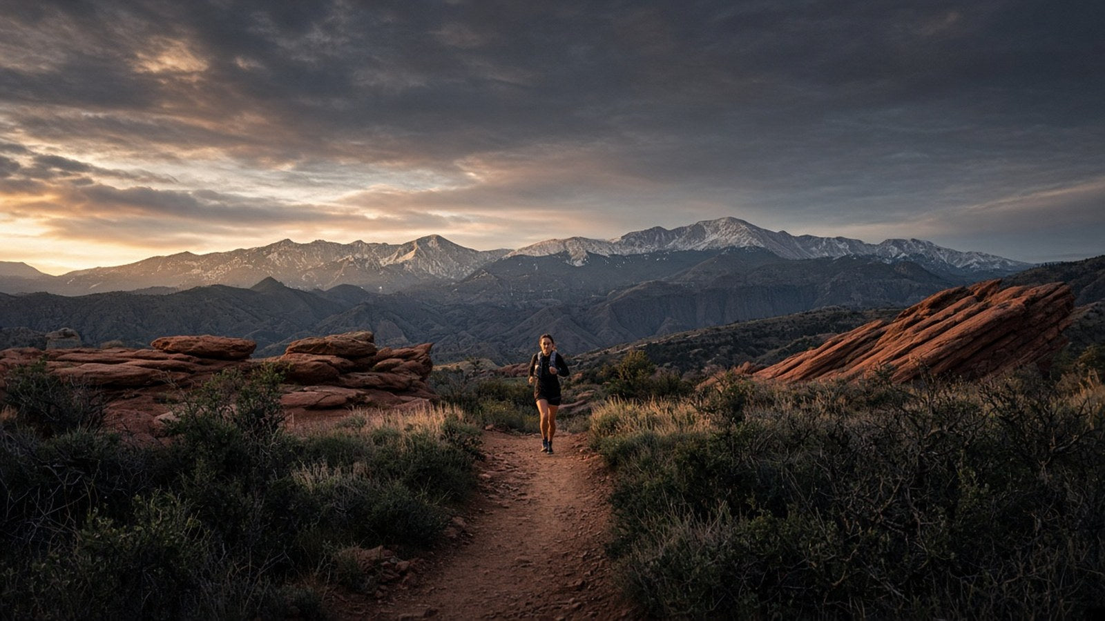 A woman runs along a dirt trail between red rock formations at sunrise, with snowy mountains behind her.
