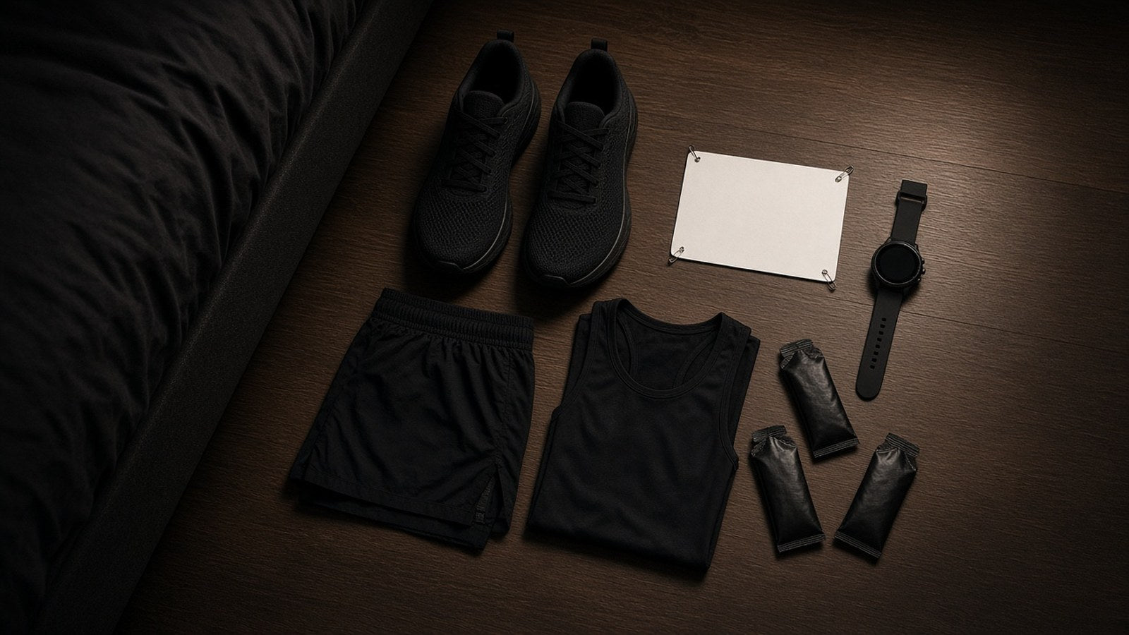 Plain black running shoes, black shorts and singlet, a blank race bib, a watch and three energy gels laid out on a wood floor beside a bed at night.